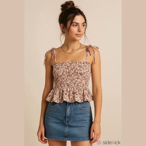 Women's Paper Crane Cream Burgundy Floral Smocked Peplum Crop Top M